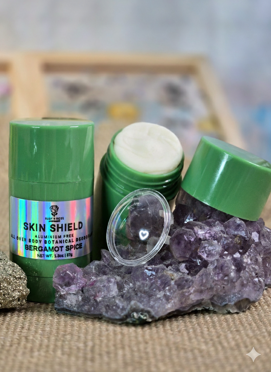 SKIN SHIELD Natural Deodorant | Aluminum-Free • Baking Soda + Arrowroot • Beeswax • Bergamot, Cinnamon, Clove, Lemon + Rosemary